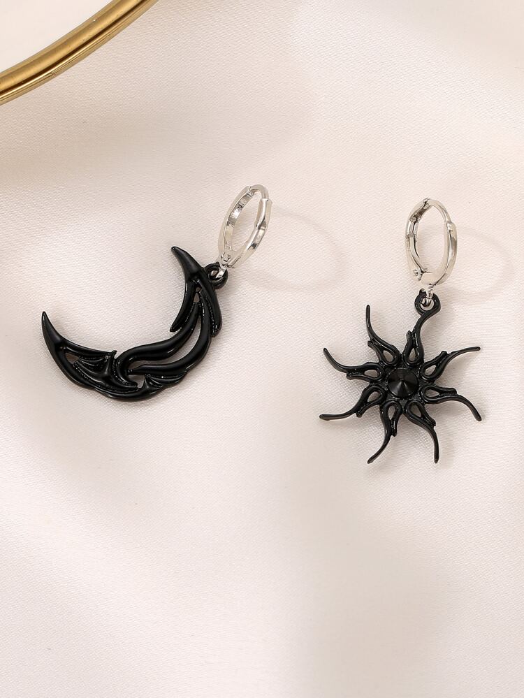 1pair Vintage Asymmetrical Abstract Face, Stars, Moon & Sun Dangle Earrings For Party & Gathering Fashion Accessories