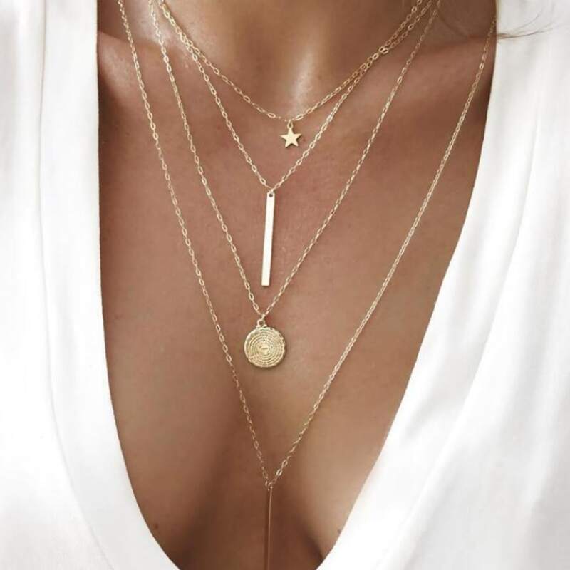 

Bar Pendant Layered Chain Necklace, Gold
