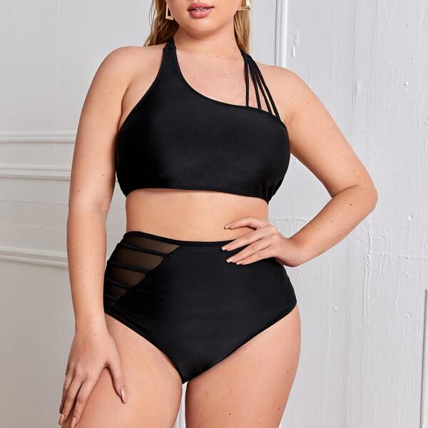 

Plus Contrast Mesh Cut-out Bikini Swimsuit, Black