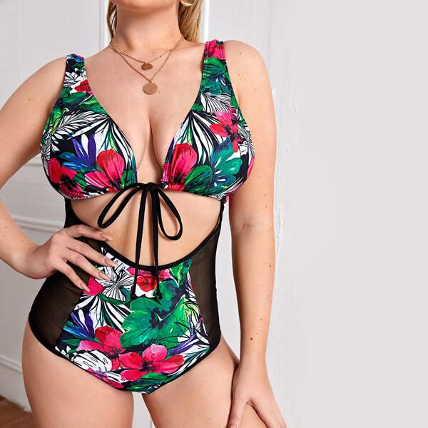 

Plus Tropical & Floral Cut-out Knot One Piece Swimsuit, Multicolor