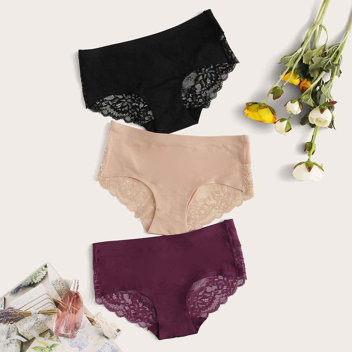 

3ack Lace Insert Panty Set, Multicolor