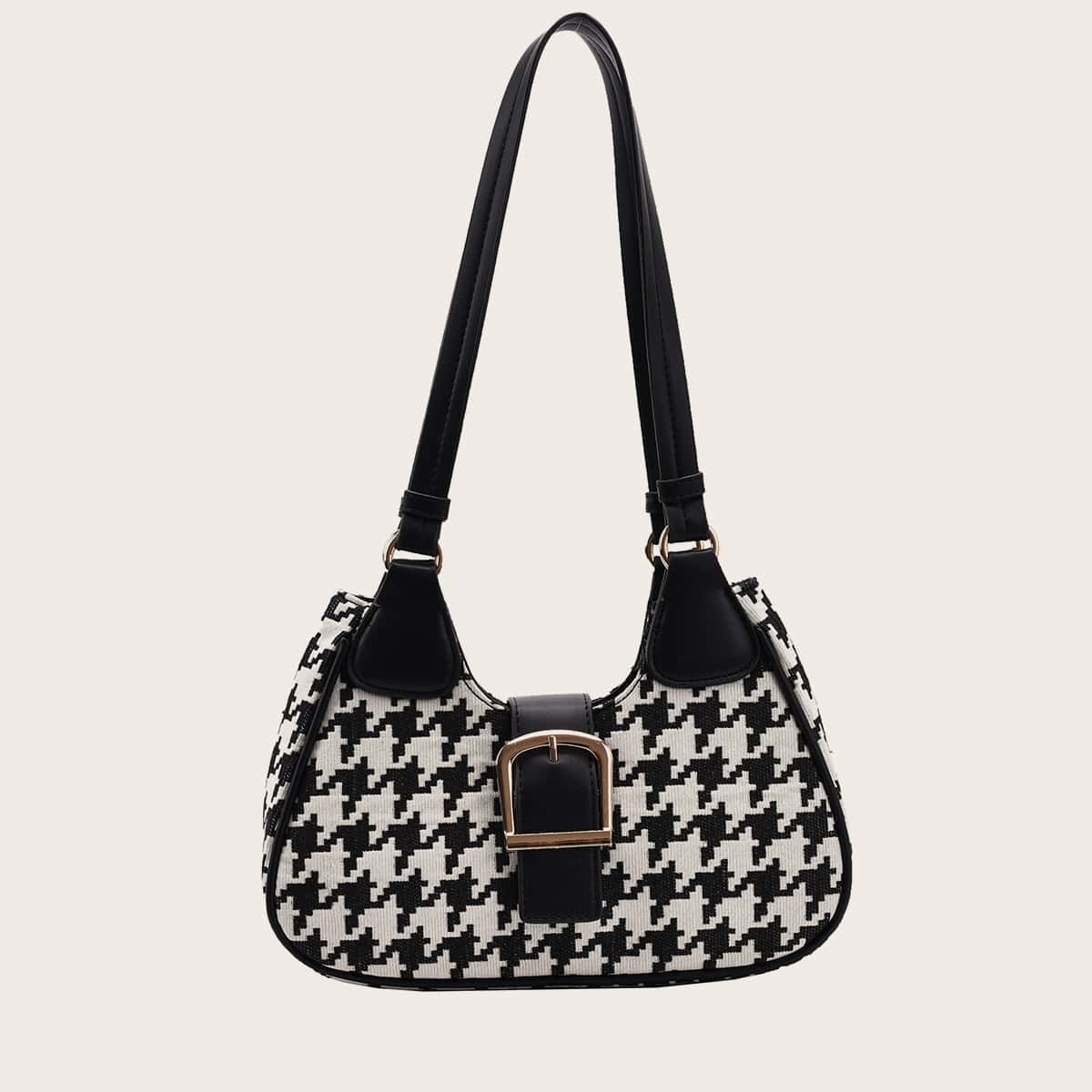 

Houndstooth Buckle Shoulder Bag, Black