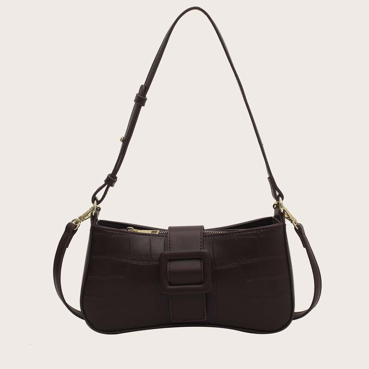 

Croc Effect Buckle Shoulder Bag, Brown