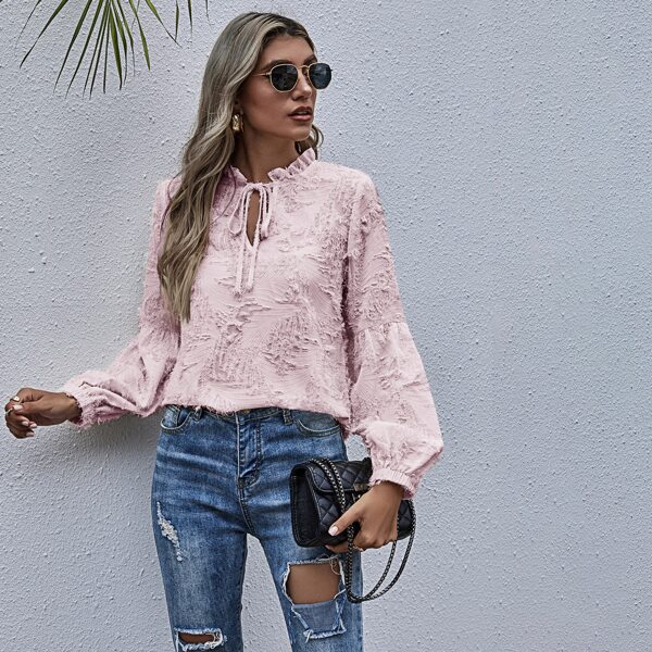 

Tie Neck Frill Distressed Blouse, Baby pink