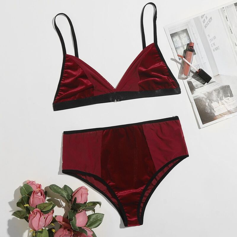 

Velvet Mesh Insert Lingerie Set, Burgundy
