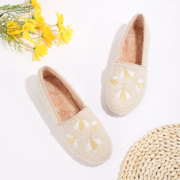 

Flower Embroidered Fluffy Flats, Apricot