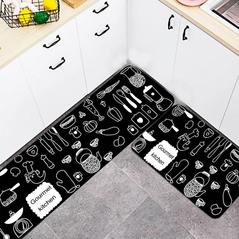 

1pc Kitchenware Print Kitchen Carpet, Black and white