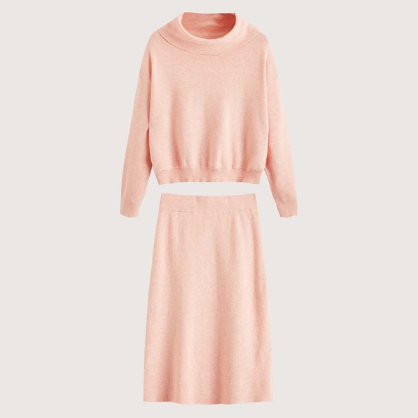 

Plus Funnel Neck Sweater and Knit Skirt Set, Baby pink