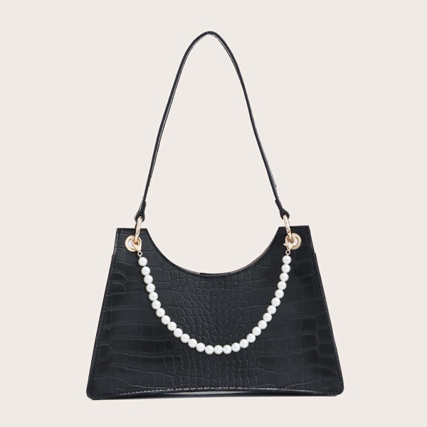 

Faux Pearl Decor Croc Embossed Shoulder Bag, Black