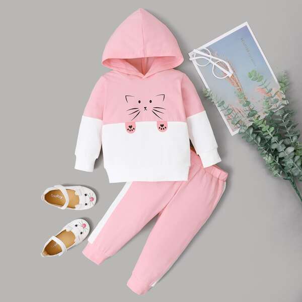 

Baby Girl Colorblock Cartoon Graphic Hoodie & Sweatpants, Baby pink