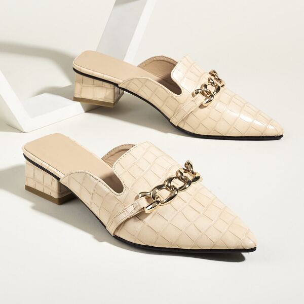 

Chain Decor Croc Embossed Mid Heeled Mules, Apricot