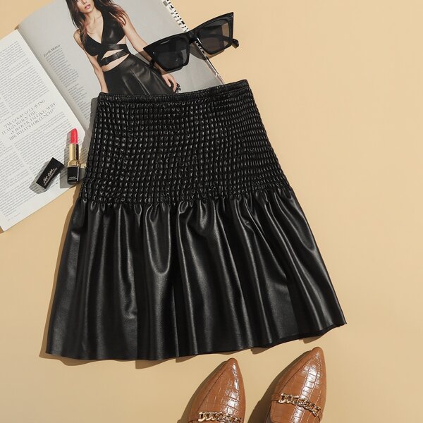 

Shirred Wide Waistband PU Leather Skirt, Black