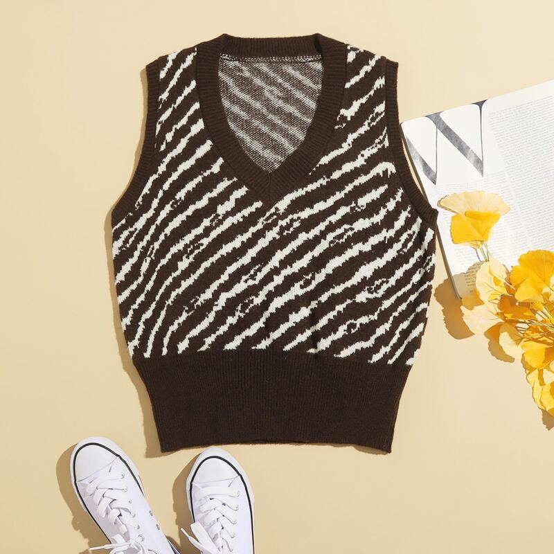 

V-neck Zebra Striped Sweater Vest, Multicolor