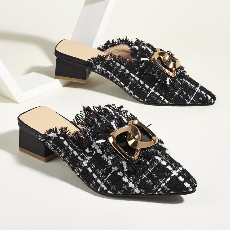 

Raw Trim Mid Heeled Mules, Black and white