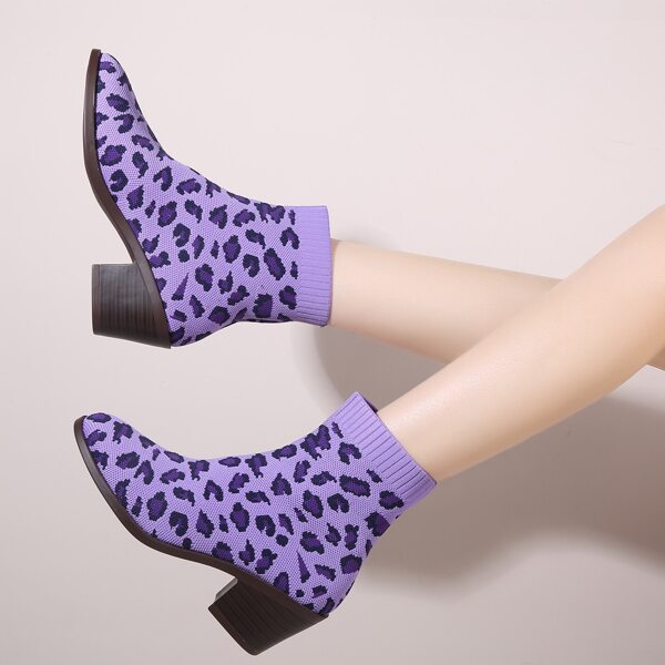 

Leopard Graphic Knit Chunky Boots, Purple