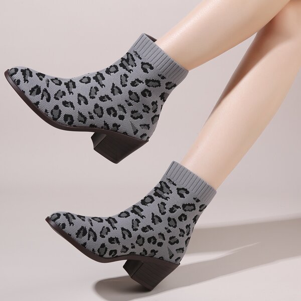 

Leopard Graphic Knit Chunky Boots, Grey