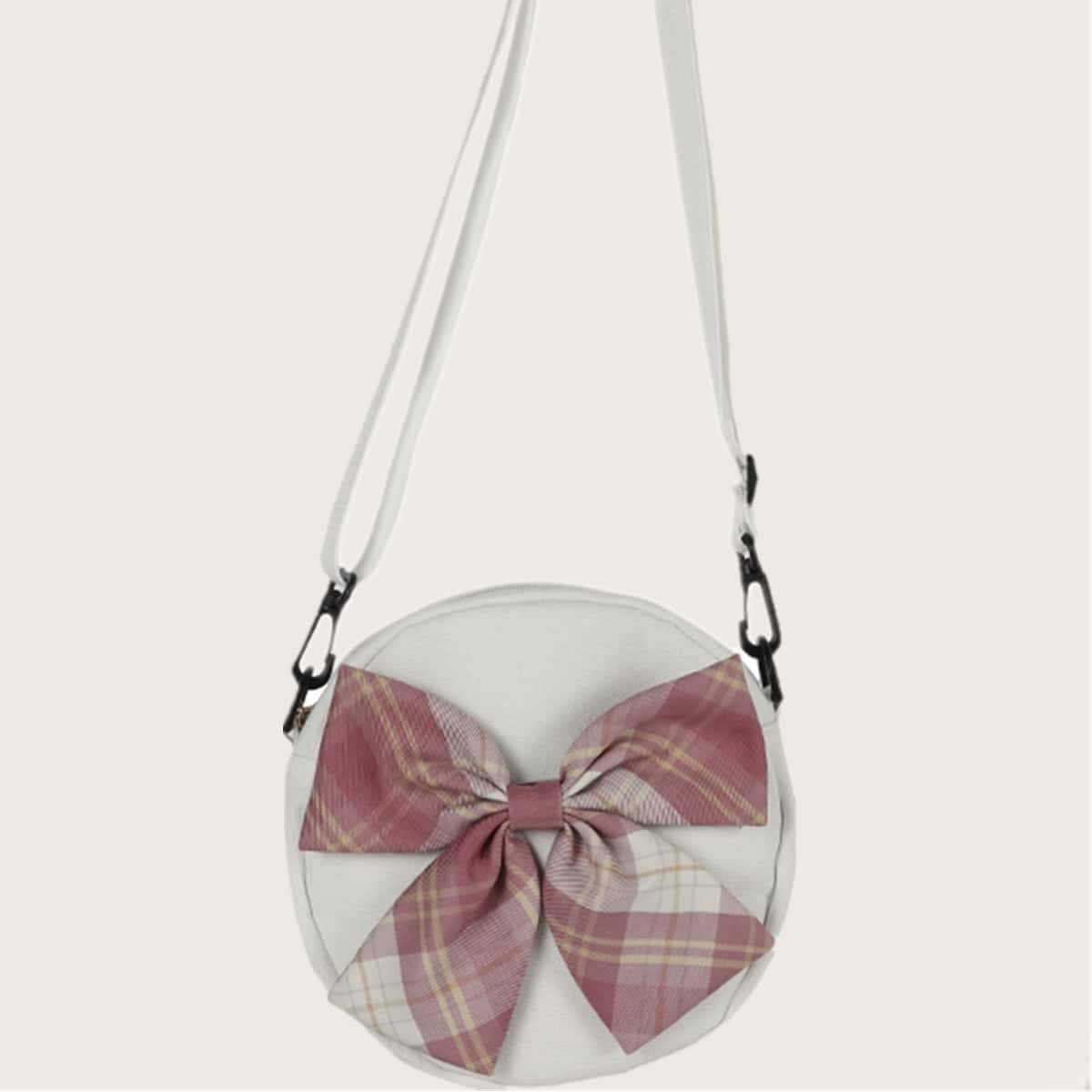 

Plaid Bow Round Canvas Bag, White