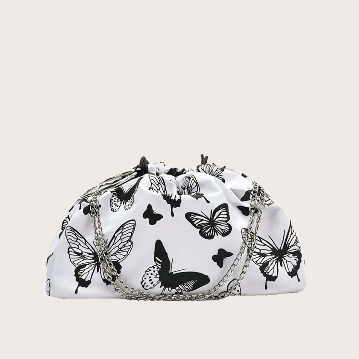 Butterfly Print Drawstring Pouch Bag, White