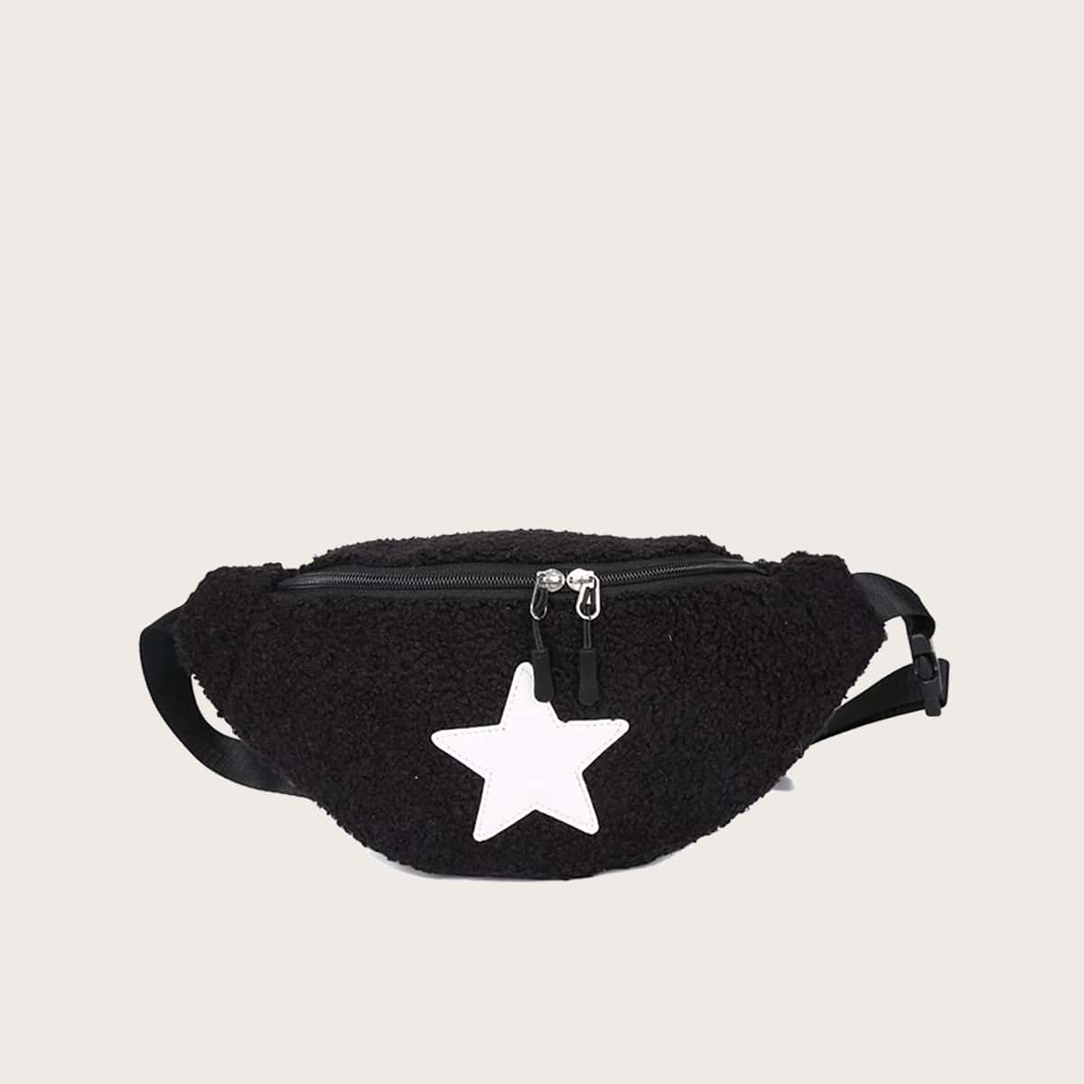 

Star Pattern Teddy Bum Bag, Black