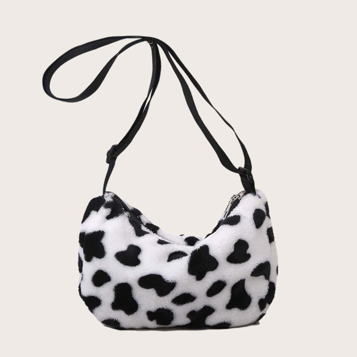 

Cow Pattern Fluffy Bag, Black and white