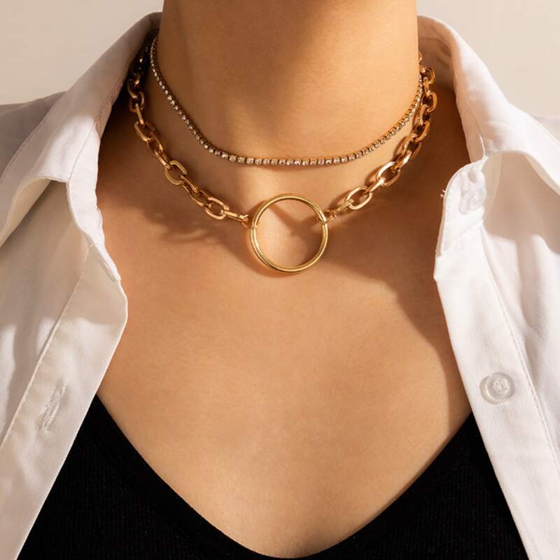 

Rhinestone Chunky Chain Layered Choker, Gold