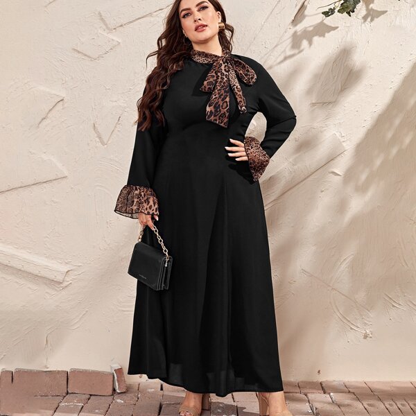 

Plus Leopard Tie Neck Flounce Sleeve A-line Dress, Black