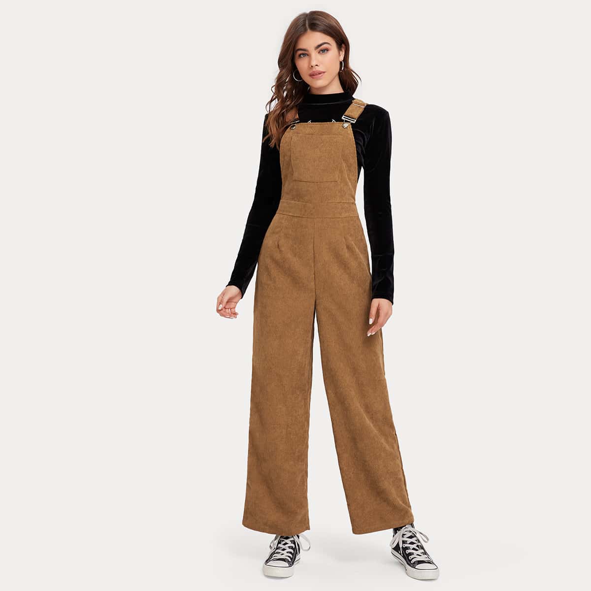 

Solid Corduroy Overall Jumpsuit, Brown
