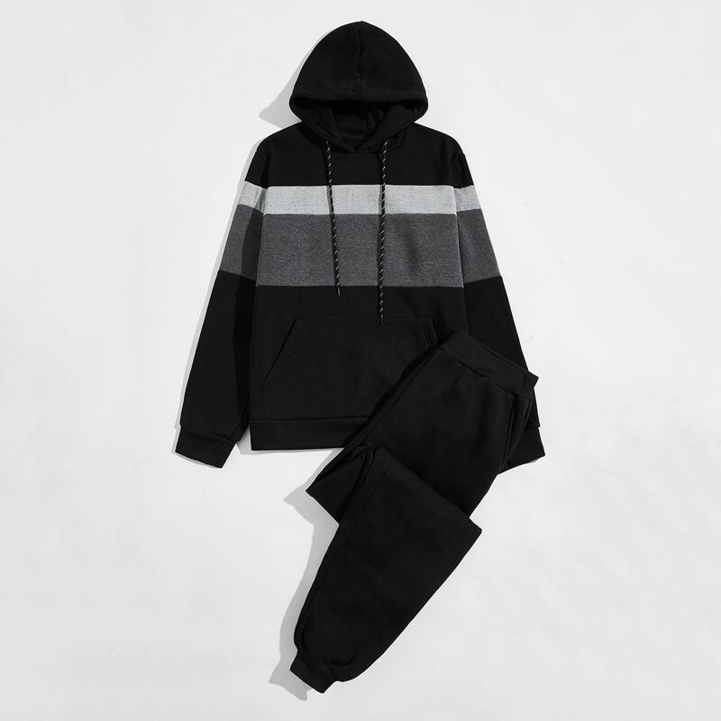

Guys Cut And Sew Drawstring Hoodie With Sweatpants, Black