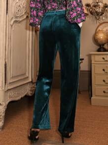 SHEIN Slant Pocket Velvet Trousers - Dark Green - View 2