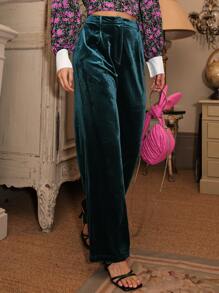SHEIN Slant Pocket Velvet Trousers - Dark Green - View 3