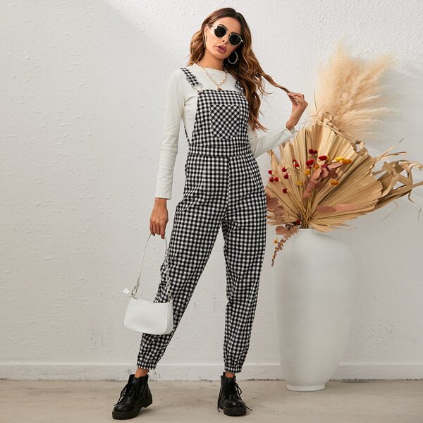 

Gingham Print Pocket Front Suspender Jumpsuit, Black and white