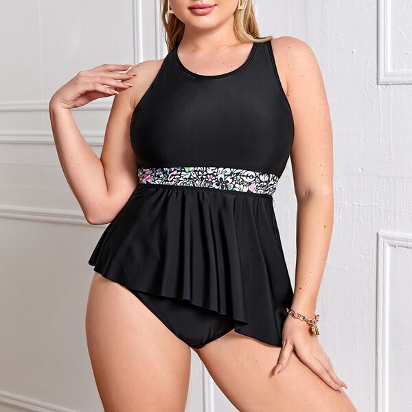 

Plus Floral Asymmetrical Hem Bikini Swimsuit, Black