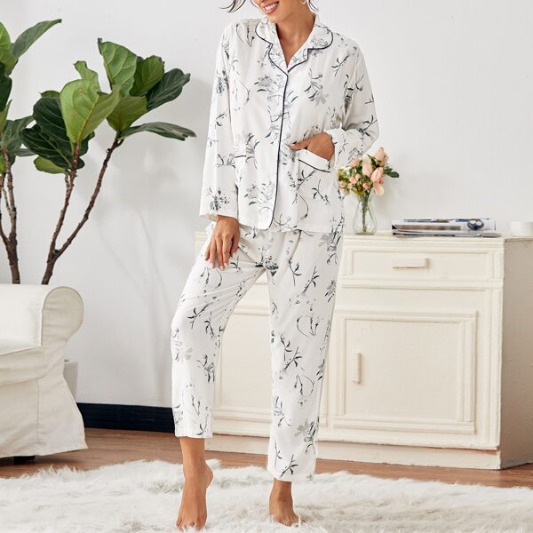 

Floral Print Button Front Lapel Collar PJ Set, White