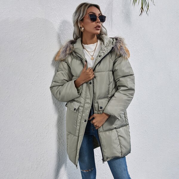 

Zip Up Contrast Faux Fur Hooded Puffer Coat, Army green