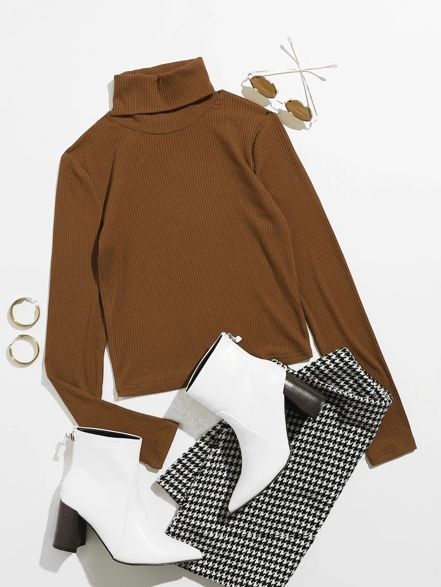 SHEIN Unity 漏斗領羅紋針織t恤 - 棕色 - 查看 1