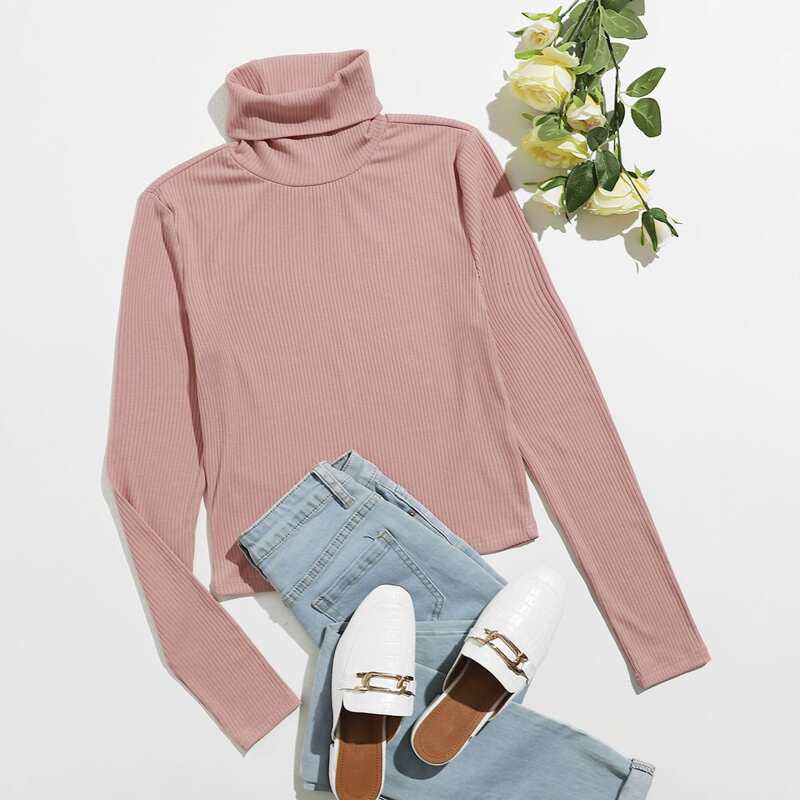 

Funnel Neck Rib-knit Tee, Dusty pink