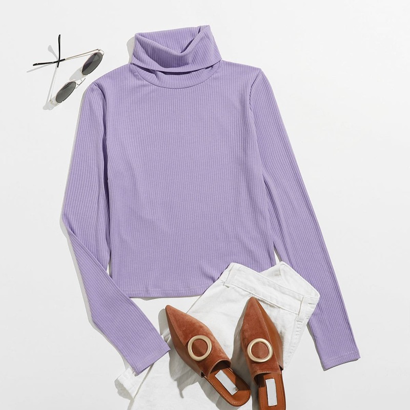 

Funnel Neck Rib-knit Tee, Violet purple