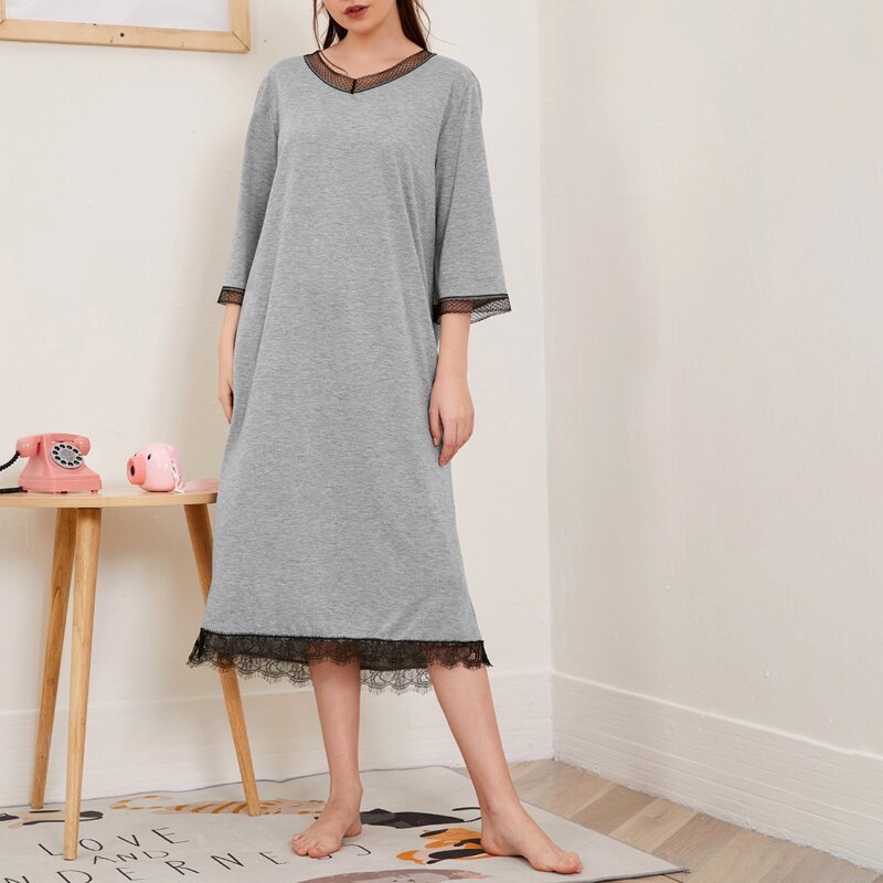 

Contrast Lace Trim Nightdress, Grey