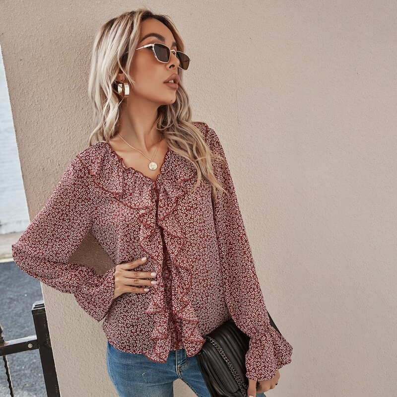 

Ditsy Floral Print Ruffle Trimed Blouse, Burgundy