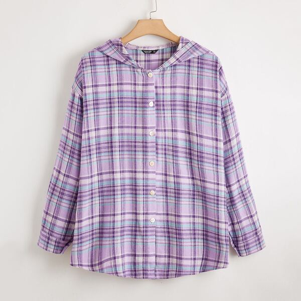 

Plus Tartan Print Button Front Hooded Jacket, Lilac purple