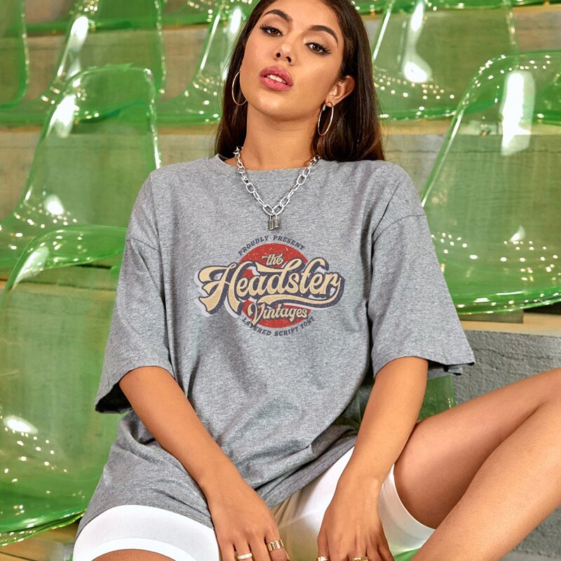 

Drop Shoulder Letter Graphic Oversized Tee, Grey
