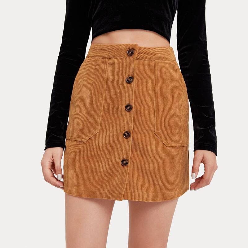 

Solid Corduroy Button Front Skirt, Brown