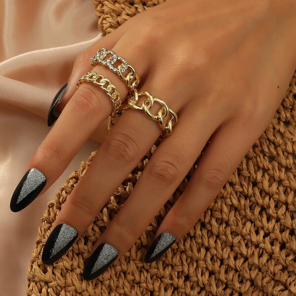 

3pcs Rhinestone Decor Ring, Gold