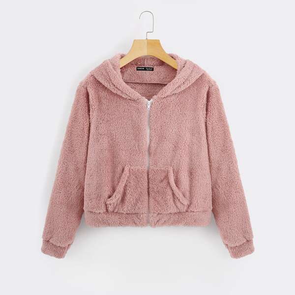 

Solid Zip Up Teddy Jacket, Dusty pink