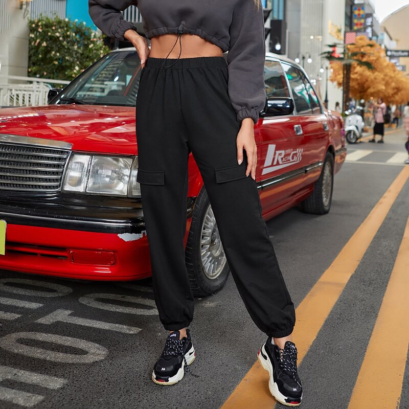 

Solid Elastic Waist Sweatpants, Black
