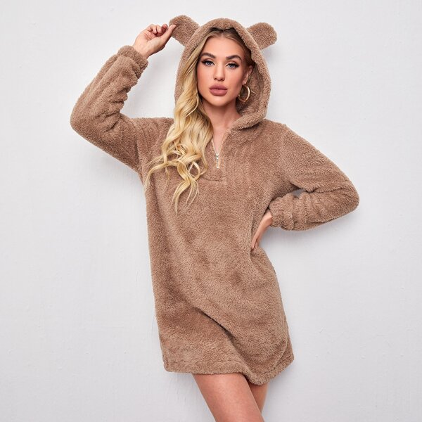

Ear Detail Zip Half Placket Teddy Sweatshirt Dress, Mocha brown