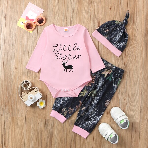 

Baby Girl Slogan Graphic Bodysuit & Leaf Print Pants & Hat, Multicolor