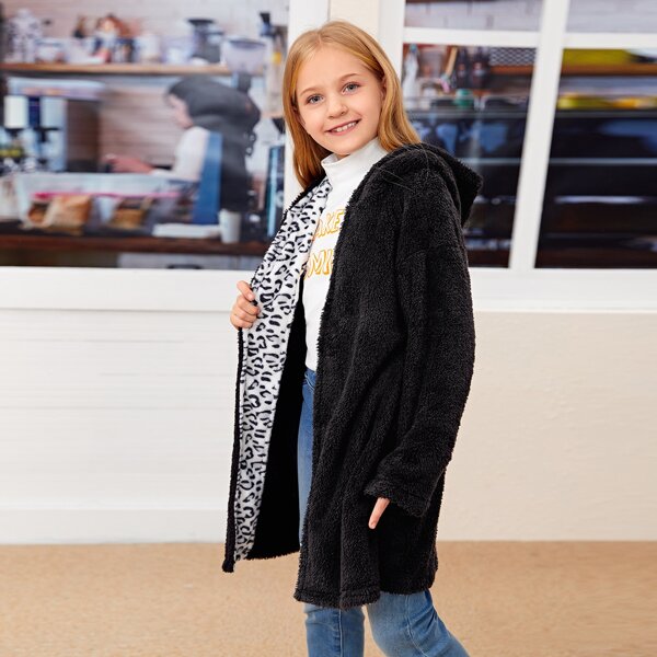 

Drop Shoulder Hooded Teddy Coat, Black