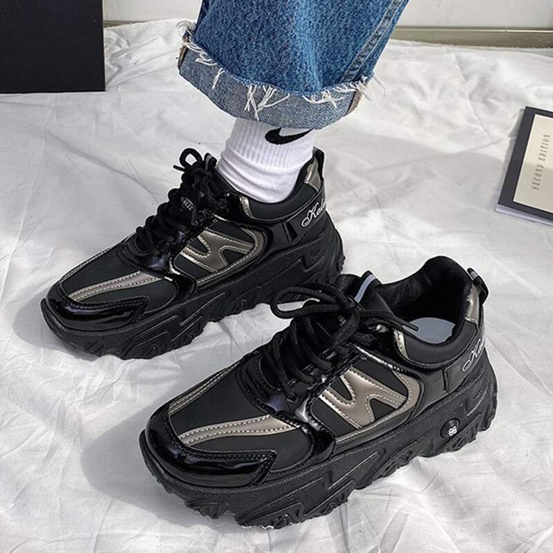 

Metallic Lace-up Chunky Sneakers, Black
