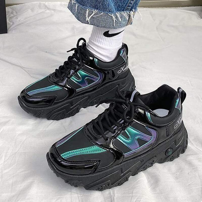 

Metallic Lace-up Chunky Sneakers, Black